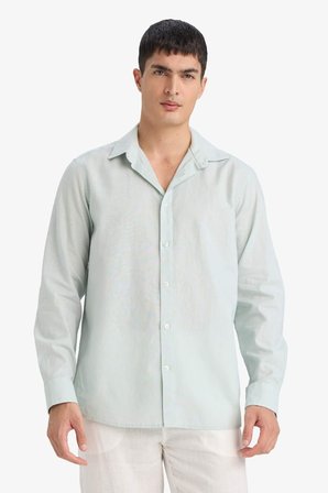 DeFacto Regular Fit Polo Yaka Keten Karışımlı Yazlık Uzun Kollu Gömlek E0518AX25SMGN1260