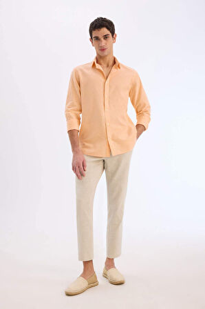 Regular Fit Polo Yaka Keten Karışımlı Yazlık Uzun Kollu Gömlek