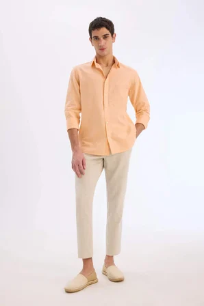 Regular Fit Polo Yaka Keten Karışımlı Yazlık Uzun Kollu Gömlek