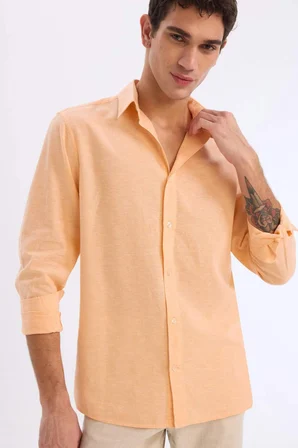 Regular Fit Polo Yaka Keten Karışımlı Yazlık Uzun Kollu Gömlek