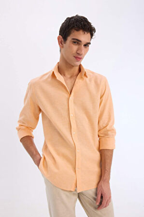 Regular Fit Polo Yaka Keten Karışımlı Yazlık Uzun Kollu Gömlek