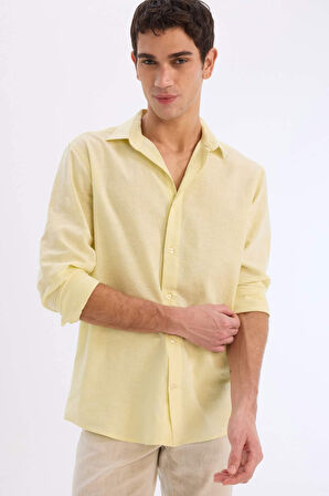 DeFacto Regular Fit Polo Yaka Keten Karışımlı Yazlık Uzun Kollu Gömlek E0555AX25SMYL149