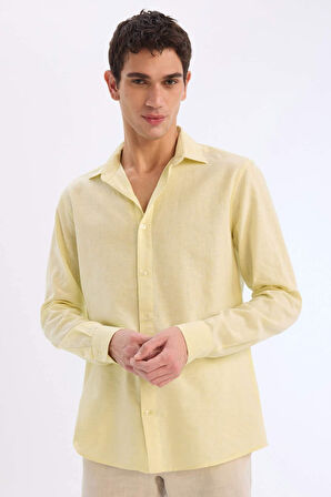 DeFacto Regular Fit Polo Yaka Keten Karışımlı Yazlık Uzun Kollu Gömlek E0555AX25SMYL149