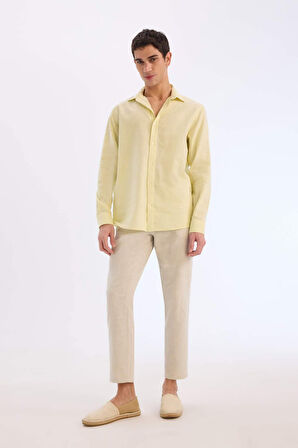 DeFacto Regular Fit Polo Yaka Keten Karışımlı Yazlık Uzun Kollu Gömlek E0555AX25SMYL149