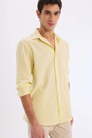 DeFacto Regular Fit Polo Yaka Keten Karışımlı Yazlık Uzun Kollu Gömlek E0555AX25SMYL149