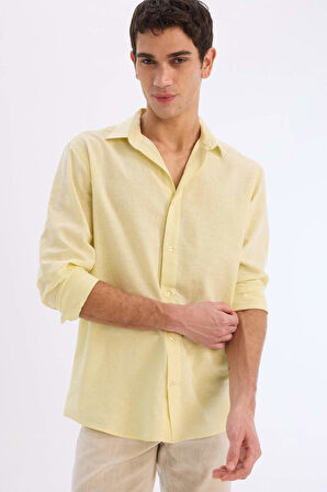DeFacto Regular Fit Polo Yaka Keten Karışımlı Yazlık Uzun Kollu Gömlek E0555AX25SMYL149