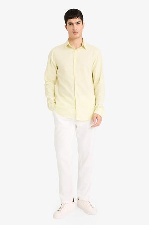 DeFacto Regular Fit Polo Yaka Keten Karışımlı Yazlık Uzun Kollu Gömlek E0555AX25SMYL149