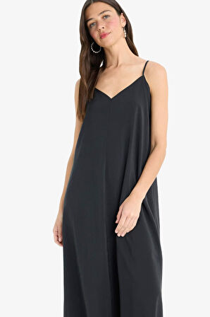 A Kesim V Yaka Modal Kolsuz Maxi Elbise