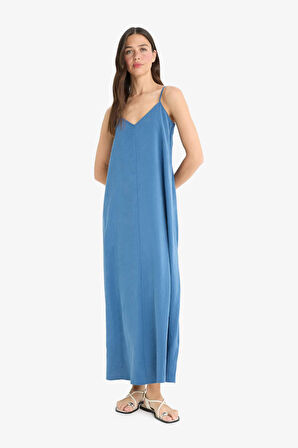 A Kesim V Yaka Modal Kolsuz Maxi Elbise