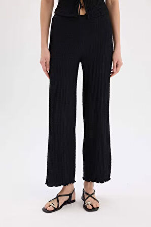 	Wide Leg Geniş Paça Beli Lastikli Basic Düz Bürümcük Pantolon