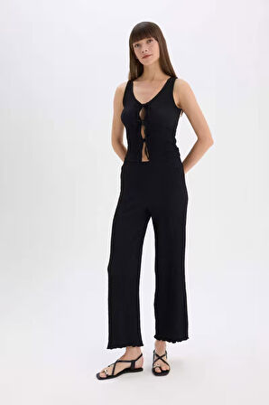 	Wide Leg Geniş Paça Beli Lastikli Basic Düz Bürümcük Pantolon