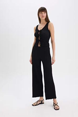 	Wide Leg Geniş Paça Beli Lastikli Basic Düz Bürümcük Pantolon