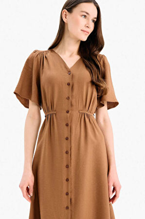 A Kesim V Yaka Kısa Kollu Midi Elbise