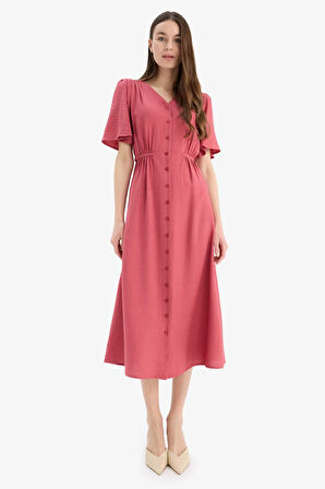 A Kesim V Yaka Kısa Kollu Midi Elbise