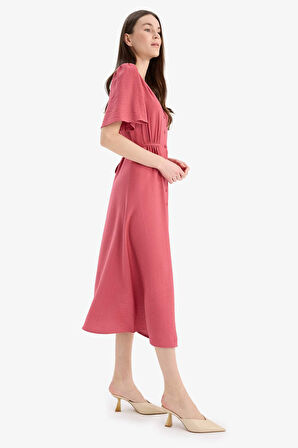 A Kesim V Yaka Kısa Kollu Midi Elbise