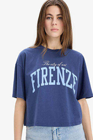 DeFacto Oversize Geniş Kalıp Bisiklet Yaka Baskılı Penye Kısa Kollu Tişört E5149AX25SMIN231