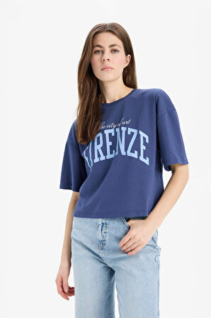 DeFacto Oversize Geniş Kalıp Bisiklet Yaka Baskılı Penye Kısa Kollu Tişört E5149AX25SMIN231