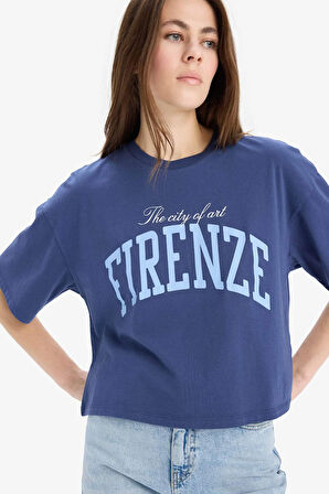 DeFacto Oversize Geniş Kalıp Bisiklet Yaka Baskılı Penye Kısa Kollu Tişört E5149AX25SMIN231