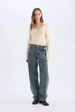 DeFacto Slim Fit Dar Kesim Polo Yaka Crop Triko Kazak X4929AZ25SPER103