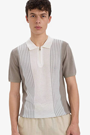 DeFacto Standart Fit Polo Yaka Yarım Fermuarlı Triko Kısa Kollu Tişört E5438AX25SMBG404