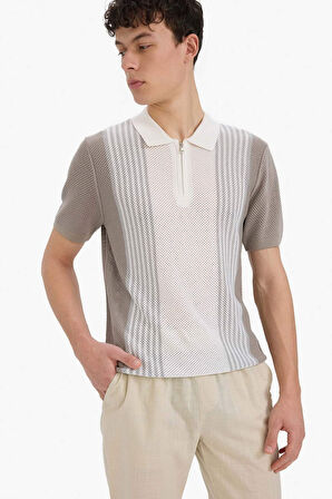 DeFacto Standart Fit Polo Yaka Yarım Fermuarlı Triko Kısa Kollu Tişört E5438AX25SMBG404