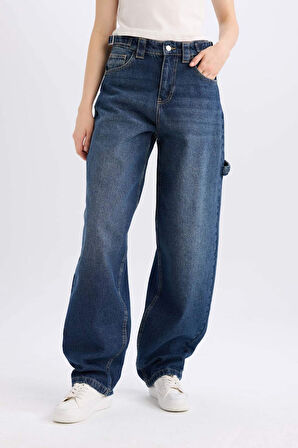 Baggy Fit Yüksek Bel Uzun Jean Yıkamalı Pantolon