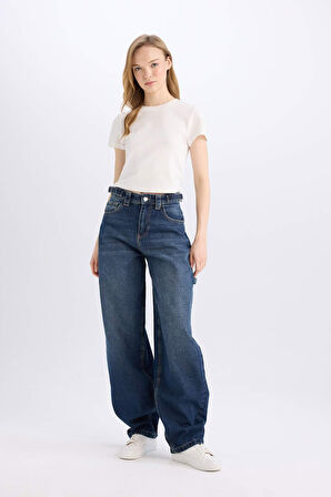 Baggy Fit Yüksek Bel Uzun Jean Yıkamalı Pantolon