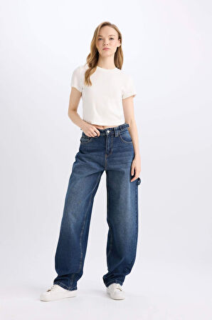 Baggy Fit Yüksek Bel Uzun Jean Yıkamalı Pantolon