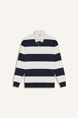 Boxy Fit Polo Yaka Çizgili Sweatshirt
