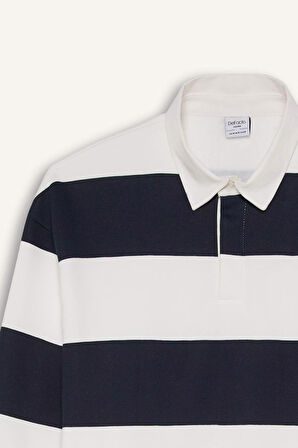 Boxy Fit Polo Yaka Çizgili Sweatshirt