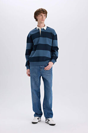 DeFacto Boxy Fit Polo Yaka Çizgili Sweatshirt D1784AX24WNIN257