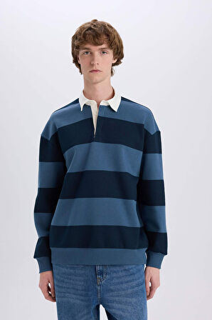 DeFacto Boxy Fit Polo Yaka Çizgili Sweatshirt D1784AX24WNIN257