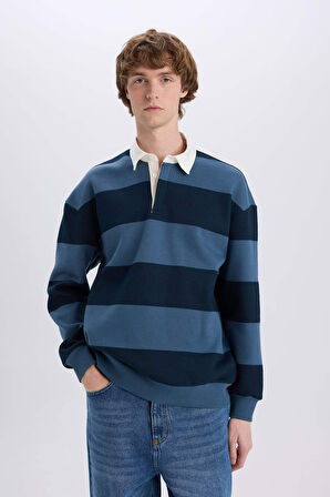 DeFacto Boxy Fit Polo Yaka Çizgili Sweatshirt D1784AX24WNIN257