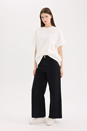 DeFacto Kısa Geniş Paça Yüksek Bel Crop Jean Yıkamalı Pantolon E3872AX25SPNM40