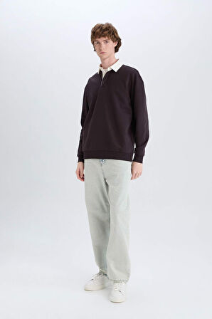Boxy Fit Polo Yaka Basic Düz Sweatshirt