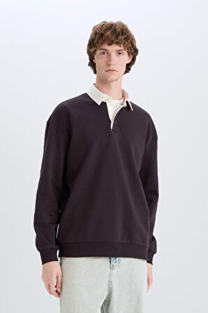 Boxy Fit Polo Yaka Basic Düz Sweatshirt