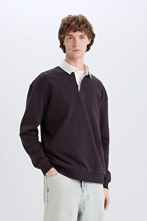 Boxy Fit Polo Yaka Basic Düz Sweatshirt