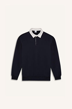 Boxy Fit Polo Yaka Basic Düz Sweatshirt