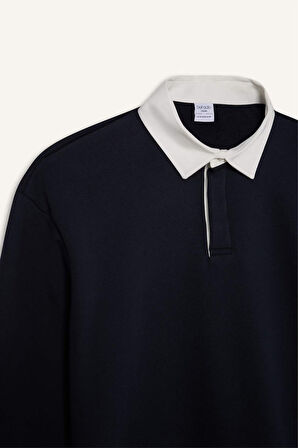 Boxy Fit Polo Yaka Basic Düz Sweatshirt