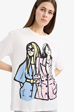 DeFacto Regular Fit Bisiklet Yaka Kız Baskılı Penye Kısa Kollu Tişört E5142AX25SMER105