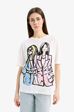 DeFacto Regular Fit Bisiklet Yaka Kız Baskılı Penye Kısa Kollu Tişört E5142AX25SMER105