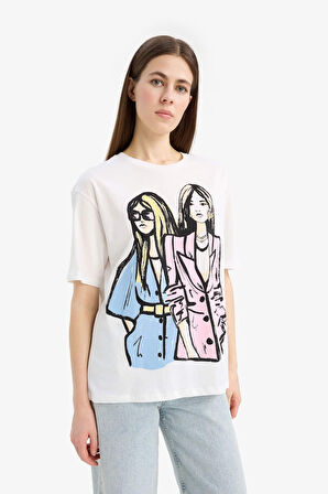 DeFacto Regular Fit Bisiklet Yaka Kız Baskılı Penye Kısa Kollu Tişört E5142AX25SMER105