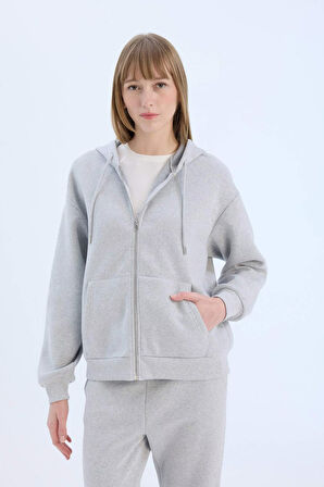 Okula Dönüş Relax Fit Kapüşonlu Kalın Basic Düz Cepli Fermuarlı Sweatshirt