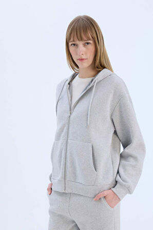 Okula Dönüş Relax Fit Kapüşonlu Kalın Basic Düz Cepli Fermuarlı Sweatshirt