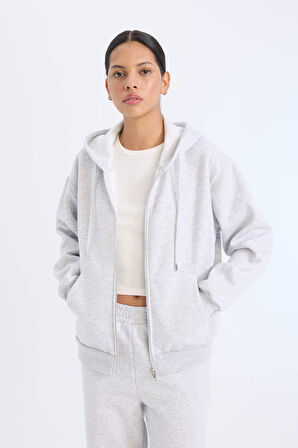 Relax Fit Kapüşonlu Cepli Basic Düz Fermuarlı Sweatshirt