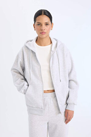 Relax Fit Kapüşonlu Cepli Basic Düz Fermuarlı Sweatshirt