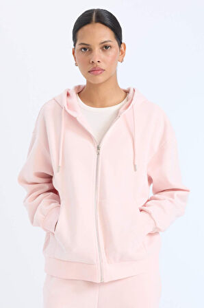Relax Fit Kapüşonlu Cepli Basic Düz Fermuarlı Sweatshirt