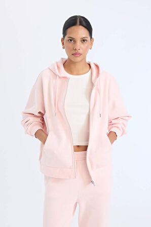 Relax Fit Kapüşonlu Cepli Basic Düz Fermuarlı Sweatshirt