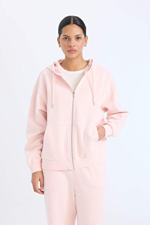 Relax Fit Kapüşonlu Cepli Basic Düz Fermuarlı Sweatshirt