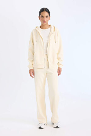 Relax Fit Kapüşonlu Cepli Basic Düz Fermuarlı Sweatshirt